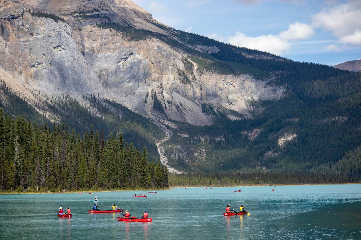 Group practicing navigation skills during outdoor guide training canada course in British Columbia